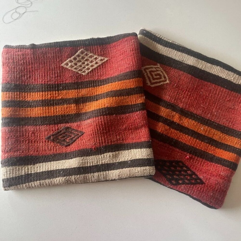 Vtg Pair Of 16x16" Handwoven Wool Kilim Pillow Covers Pink Orange Black Turkey